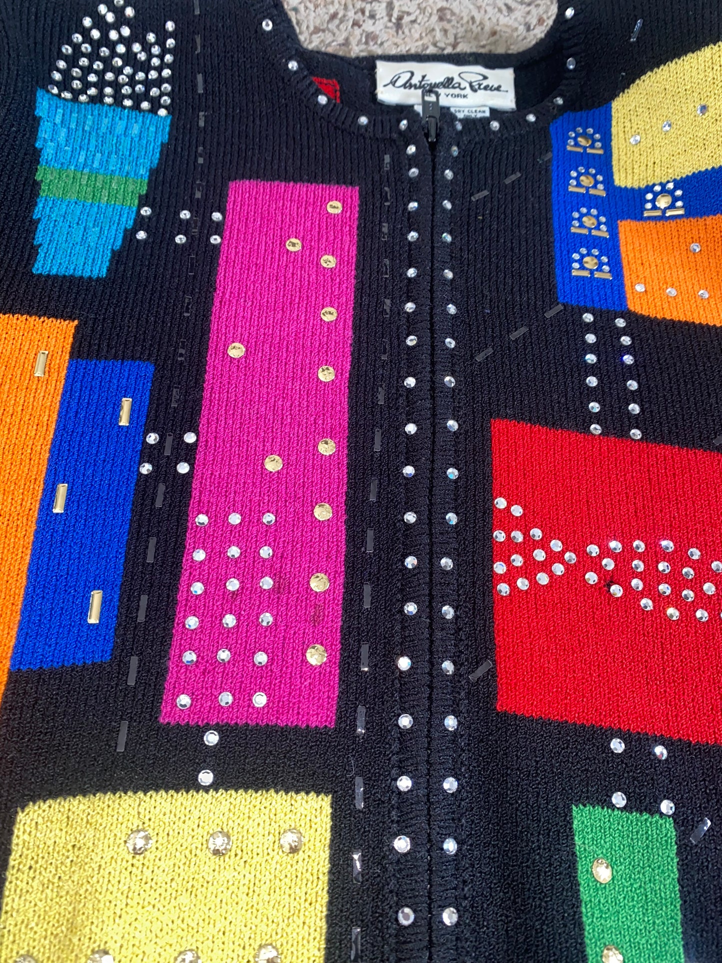 Embellished Crew Neck Color Block Sweater
