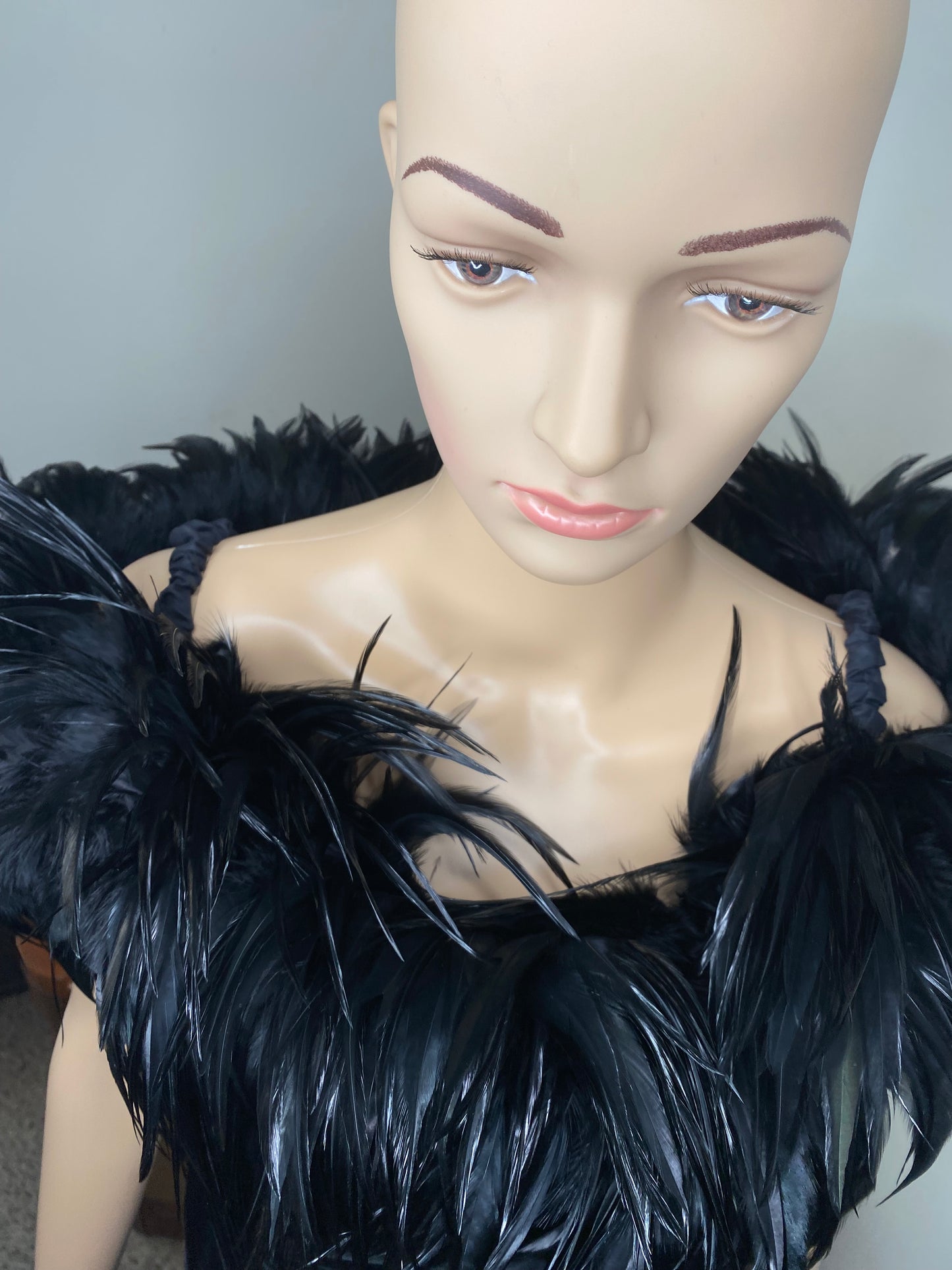Vintage Dave and Johnny Inky Black Velvet Showgirl Dress Feather Trim