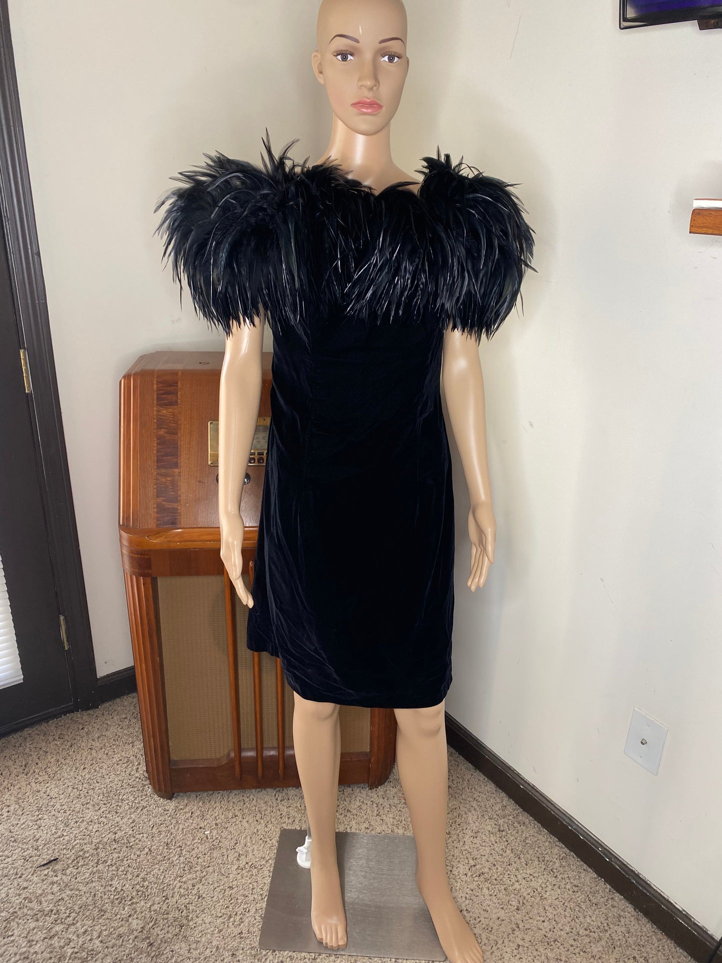 Vintage Dave and Johnny Inky Black Velvet Showgirl Dress Feather Trim