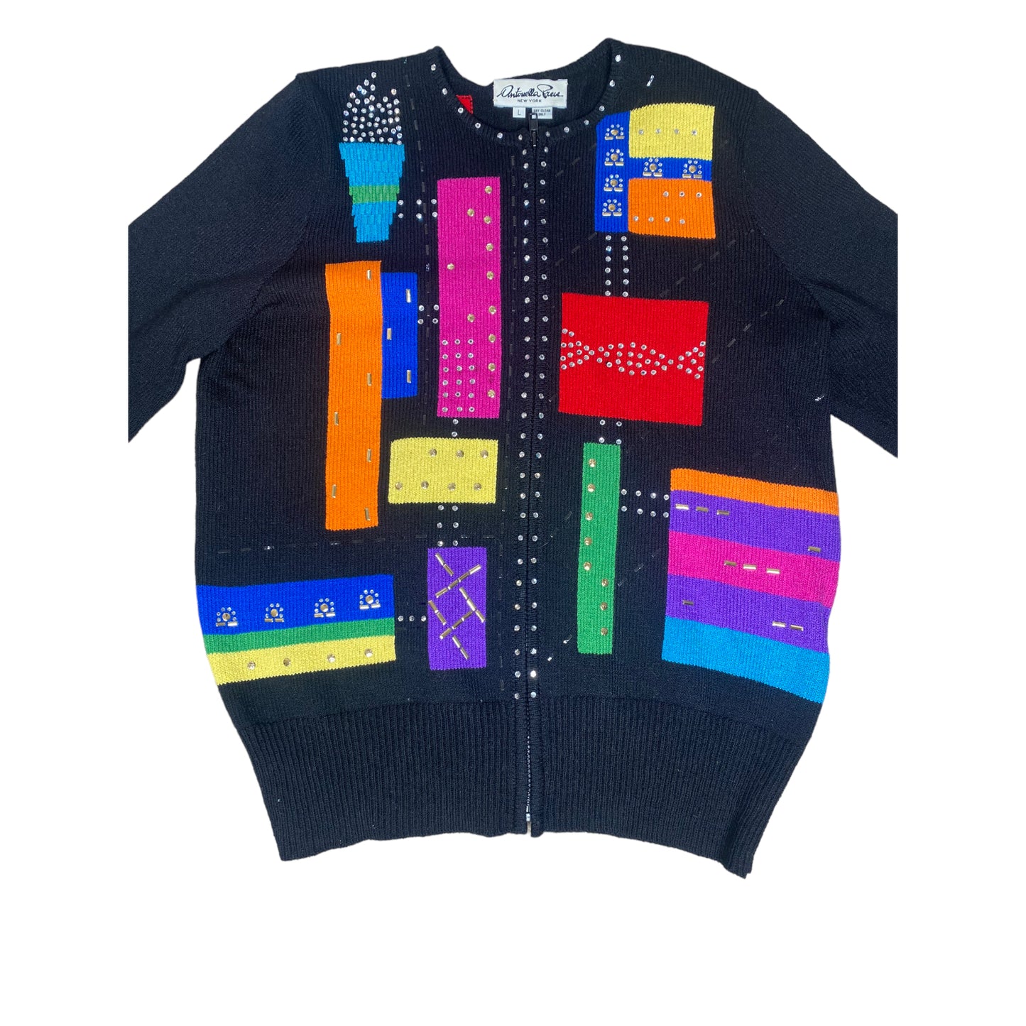 Embellished Crew Neck Color Block Sweater