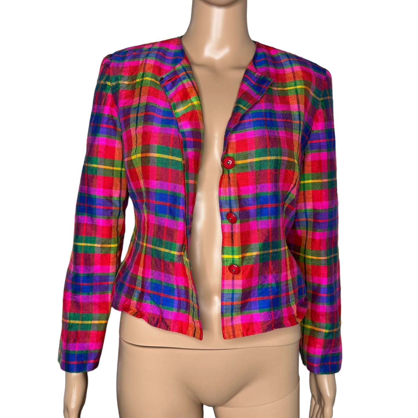 Maggy Rainbow Plaid Silk Button Down Front Blazer Jacket