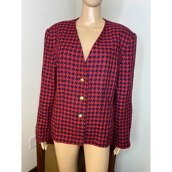Red Wool Blend Tweed Houndstooth Blazer