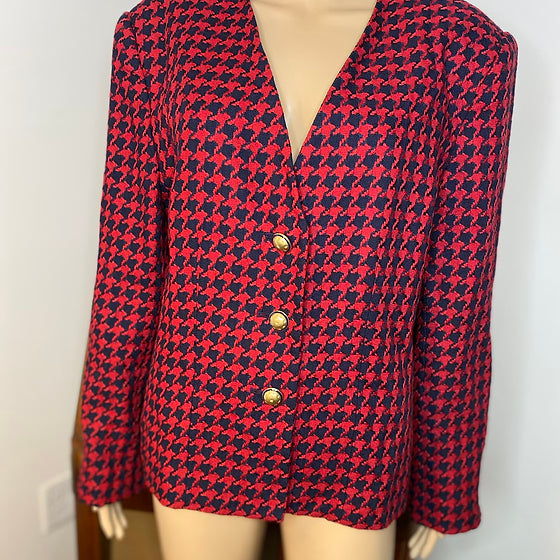 Red Wool Blend Tweed Houndstooth Blazer