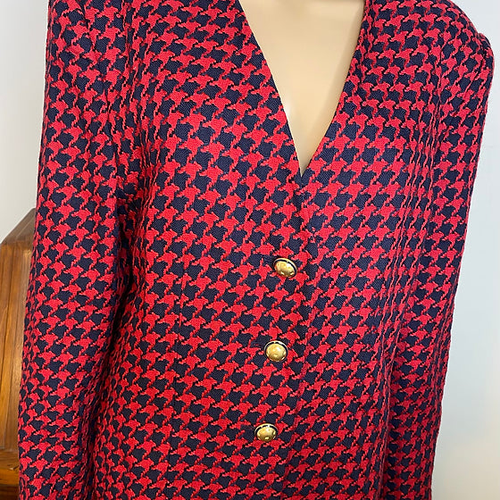 Red Wool Blend Tweed Houndstooth Blazer