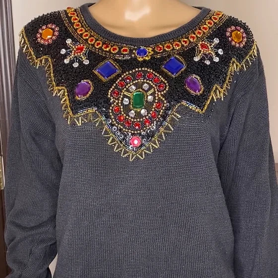 Black Rhinestone Embellished Pullover Sweater