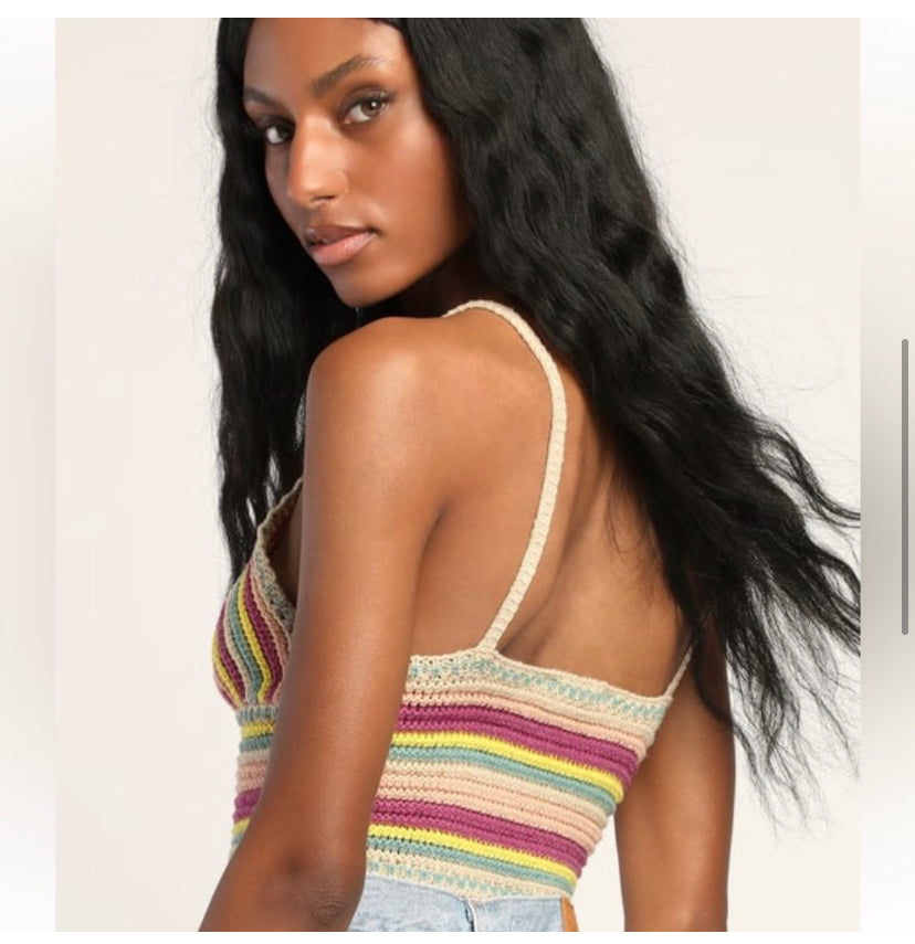 Festival Fit Pink Multi Striped Crochet Cropped Tank Top