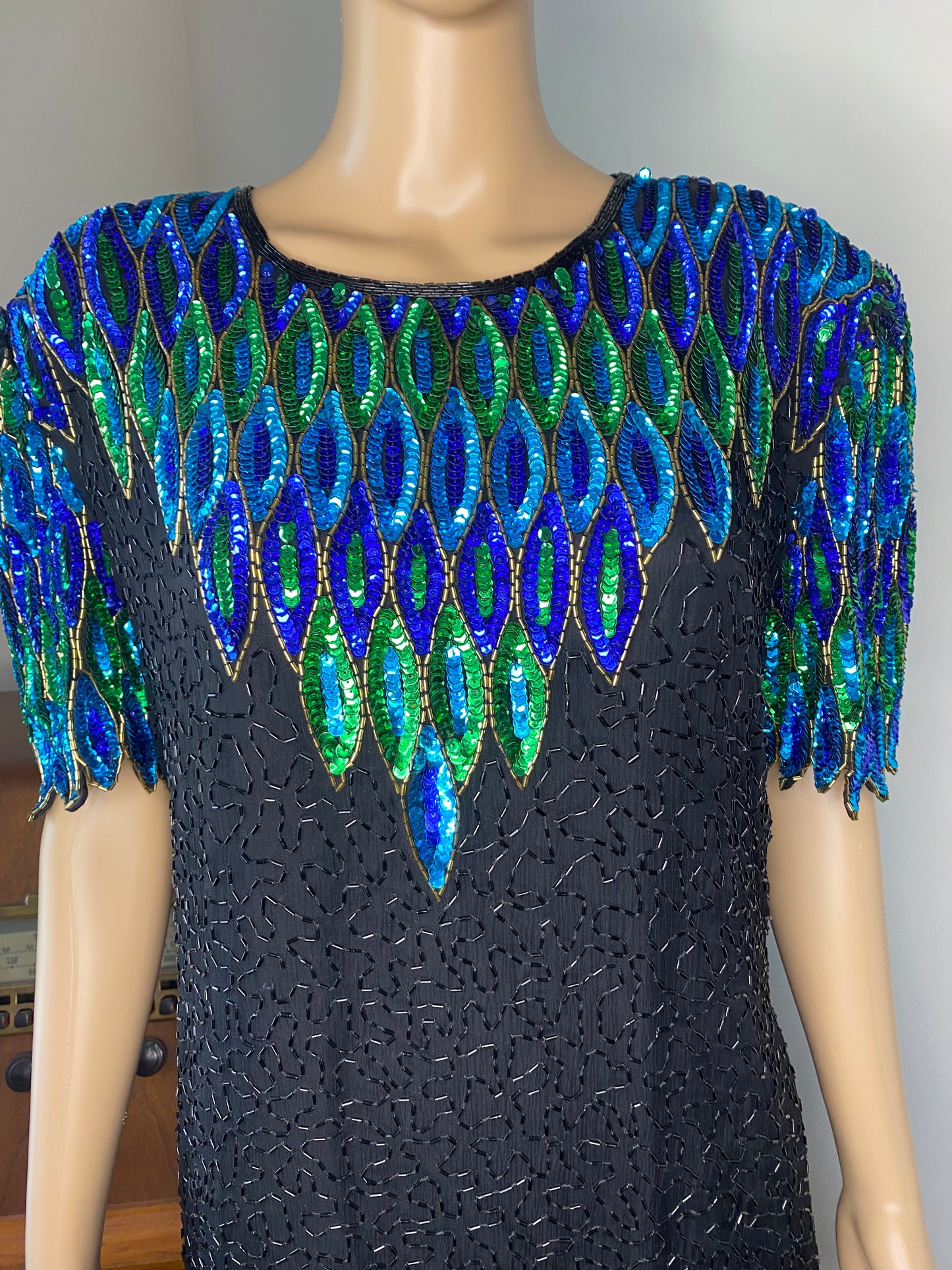 Vintage Peacock Silk Bead Sequin Dress