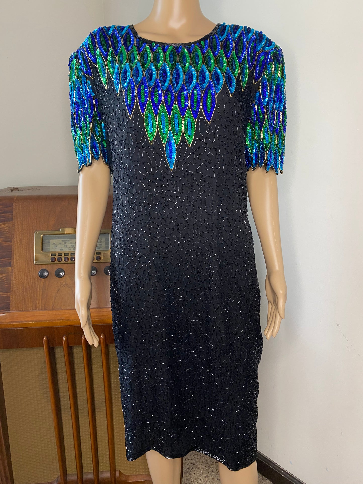 Vintage Peacock Silk Bead Sequin Dress