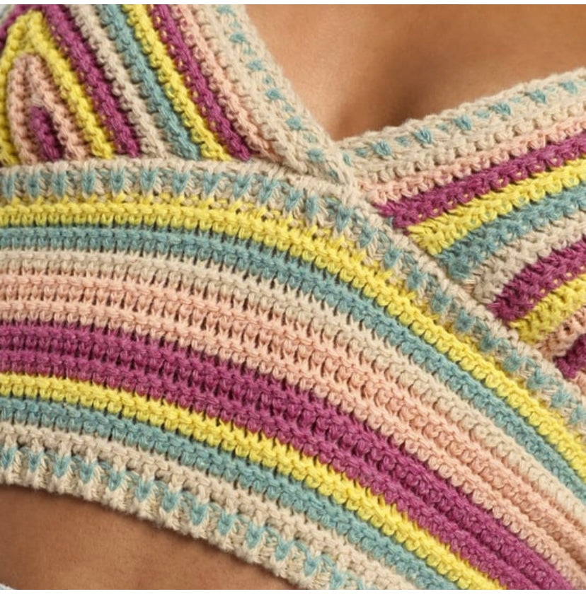 Festival Fit Pink Multi Striped Crochet Cropped Tank Top