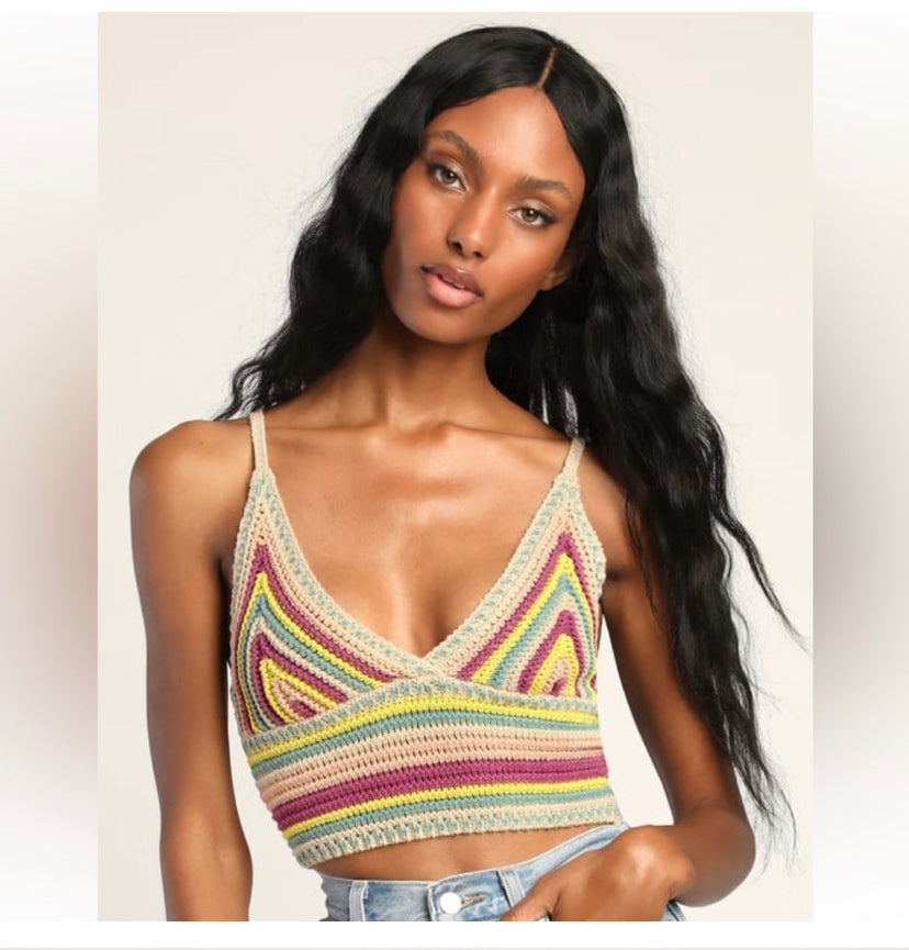 Festival Fit Pink Multi Striped Crochet Cropped Tank Top