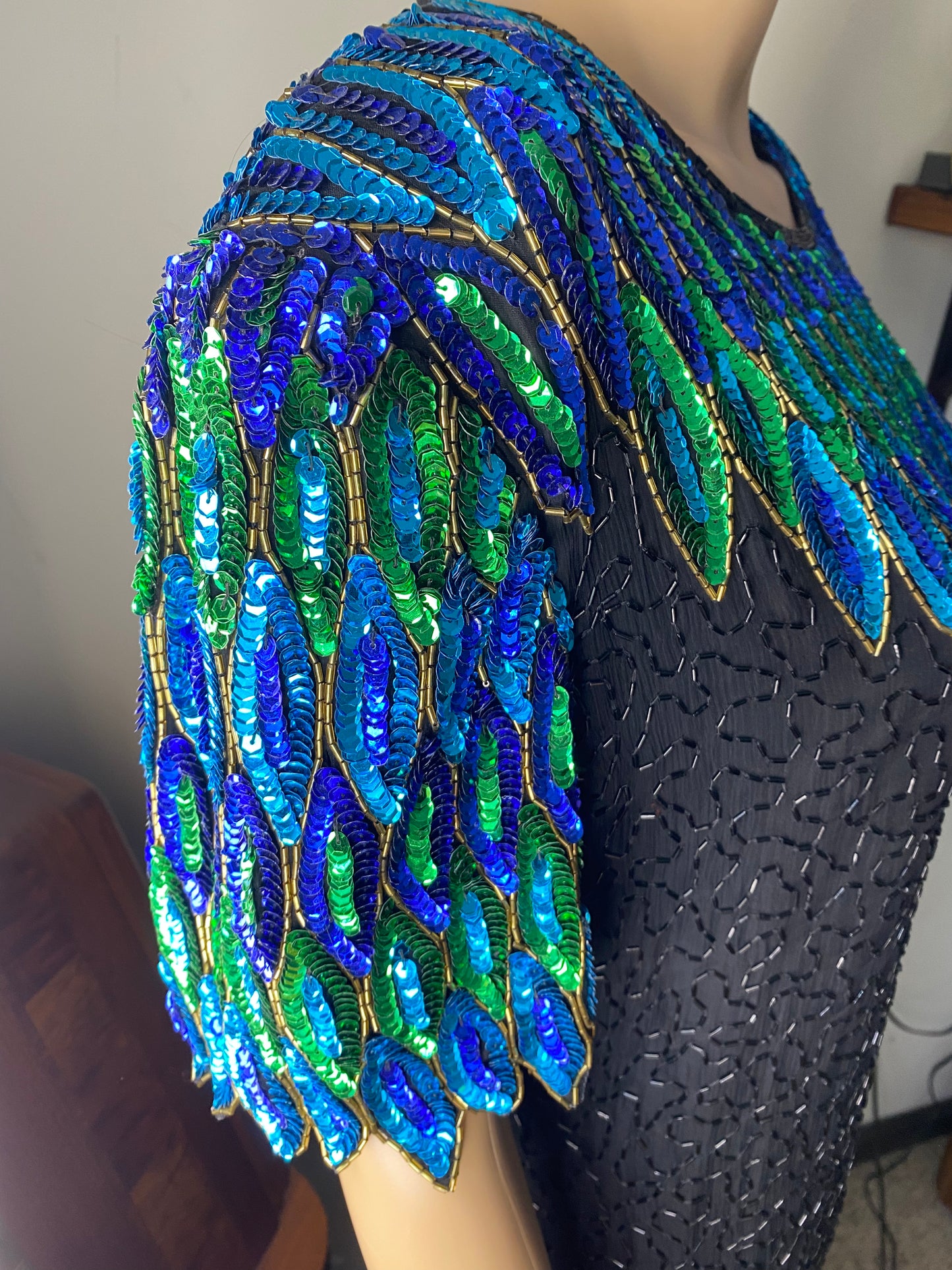 Vintage Peacock Silk Bead Sequin Dress