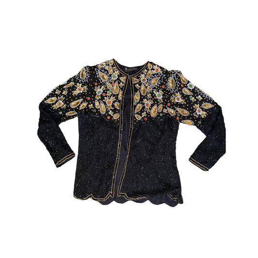 Paisley Sequined Design Beaded Silk Cardigan