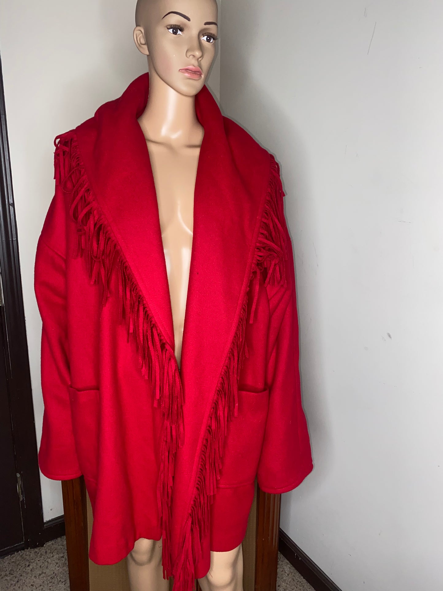 Red Wool Fringed Blanket Coat