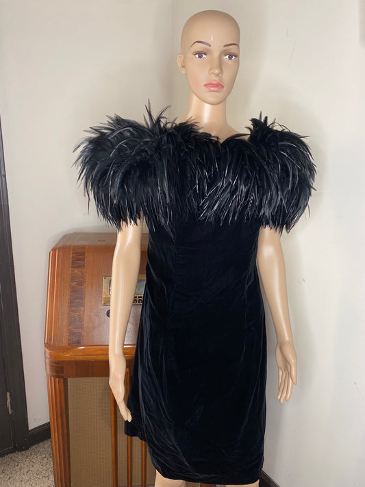 Vintage Dave and Johnny Inky Black Velvet Showgirl Dress Feather Trim