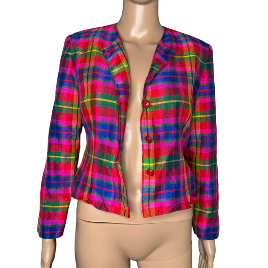 Maggy Rainbow Plaid Silk Button Down Front Blazer Jacket