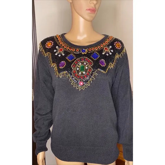 Black Rhinestone Embellished Pullover Sweater