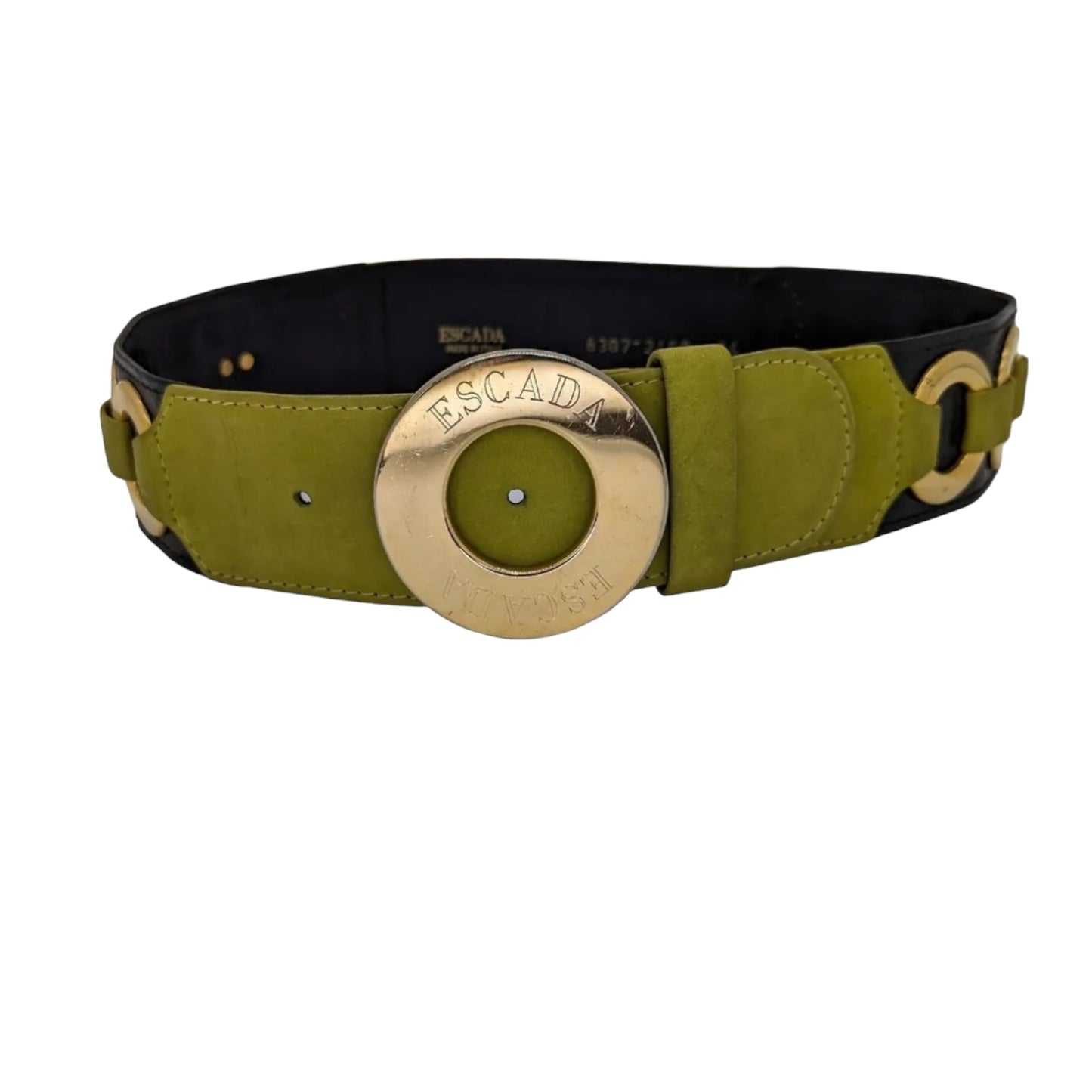 Escada Green Suede Belt With Gold Ring Buckle Accents