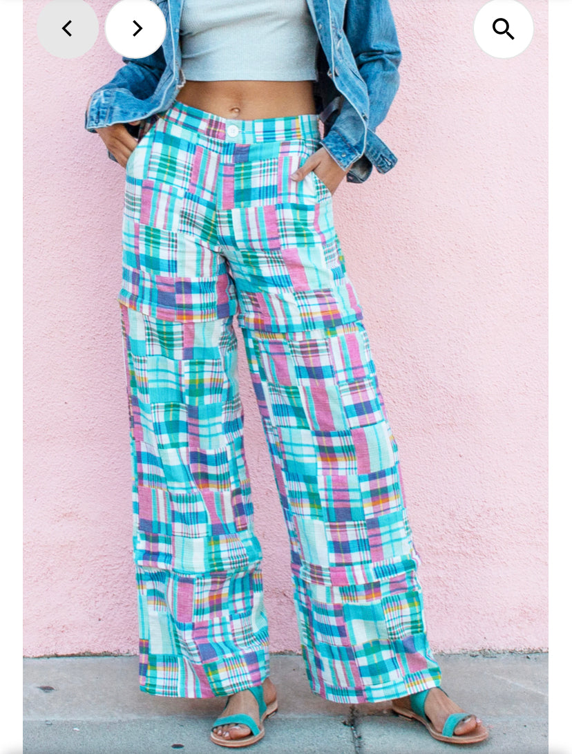 Chris Patchwork Plaid Convertible Pants, Turq/Pink