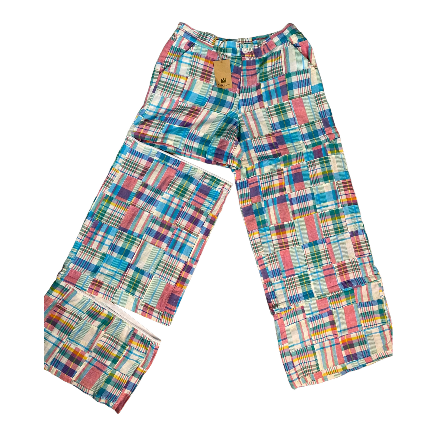 Chris Patchwork Plaid Convertible Pants, Turq/Pink