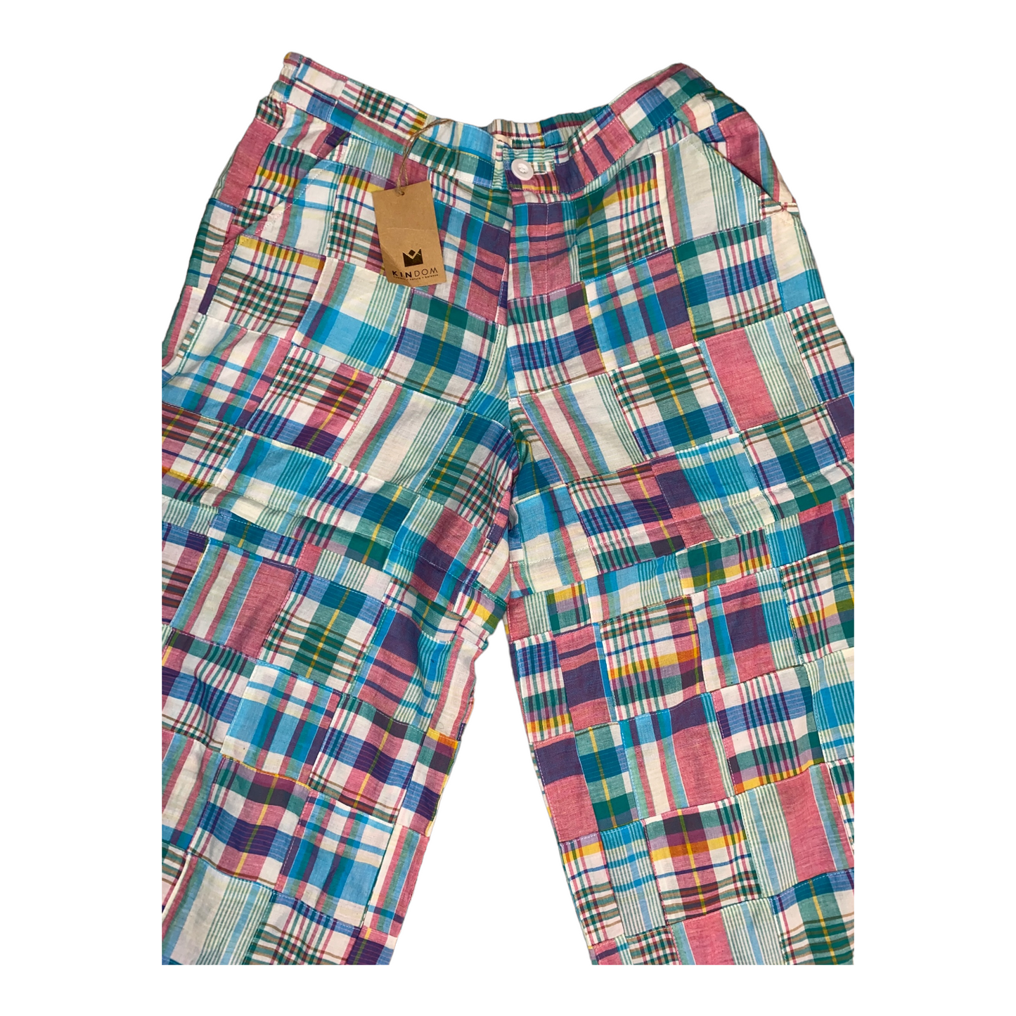 Chris Patchwork Plaid Convertible Pants, Turq/Pink